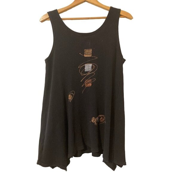 Art To Wear Black Waffle Knit Sleeveless Tunic Asymmetrical Hemline Lagenlook XS - Picture 2 of 4